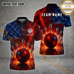 Maxcorners American Flag Thunder Bowling Jersey Customized Name, Team Name 3D Polo Shirt