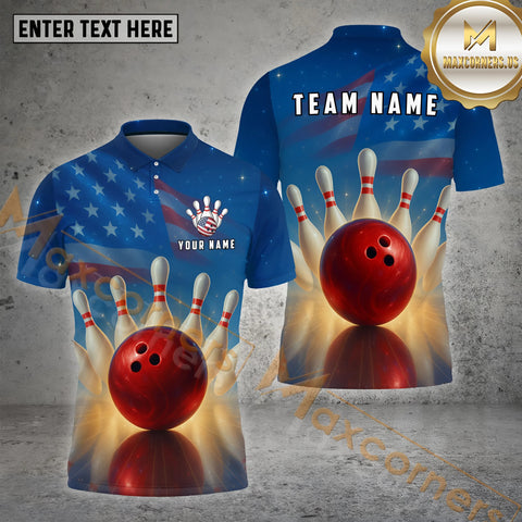 Maxcorners American Flag Lightning Bowling Jersey Customized Name, Team Name 3D Polo Shirt