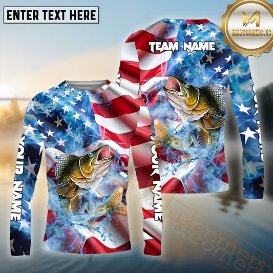 Maxcorners Walleye Fishing Patriot's Catch Pattern Sport Jersey Personalized Name, Team Name Long Sleeve Shirt