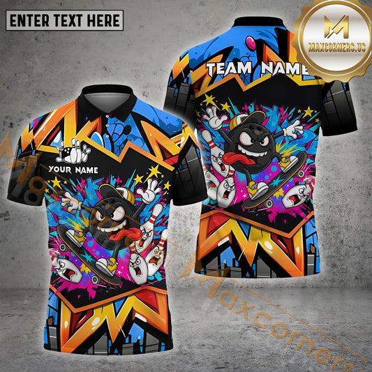 Maxcorners Skater Bowling Ball Attack Multicolor Options Personalized Name, Team Name 3D Shirt (4 Colors)