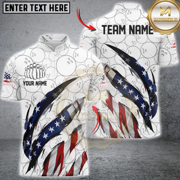 Maxcorners US Flag Ball Pattern Bowling Jersey Customized Name, Team Name 3D Polo Shirt