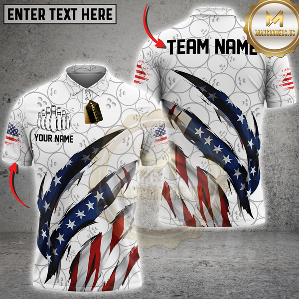 Maxcorners US Flag Ball Pattern Bowling Jersey Customized Name, Team Name 3D Polo Shirt