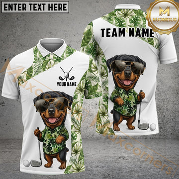 Maxcorners Cute Dog Green Tropical Golf Polo Personalized Name, Team Name 3D Shirt 1