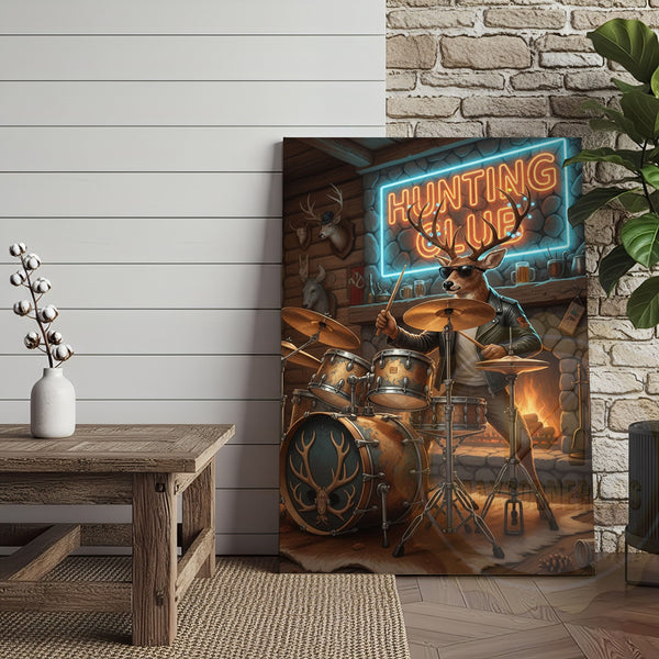 Maxcorners Deer Drummer in Hunting Club with Neon Lights Wrapped Canvas