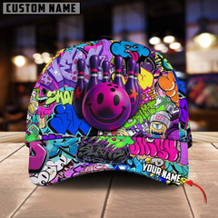 Maxcorners Bowling Graffiti Funny Smiley Multicolor Personalized Name 3D Cap