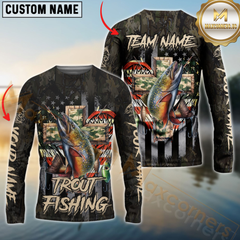 Maxcorners Trout Fishing American Flag Camo Cross Gear  Protection Personalized Name, Team Name Long Sleeve Shirt