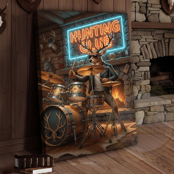 Maxcorners Deer Drummer in Hunting Club with Neon Lights Wrapped Canvas