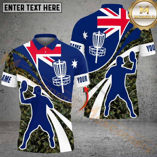 Maxcorners Australia Flag Disc Golf Polo Personalized Name, Team Name 3D Shirt (4 Colors)