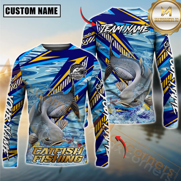 Maxcorners Catfish Fishing Yellow Blue Lightning Pattern Design Custom Name & Team Name 3D Shirts
