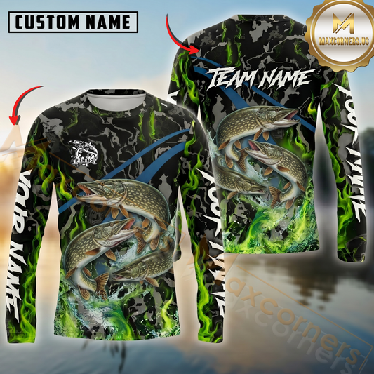 Maxcorners Fishing Green Flame Camo Design Sun Protection Personalized Name, Team Name Long Sleeve Shirt