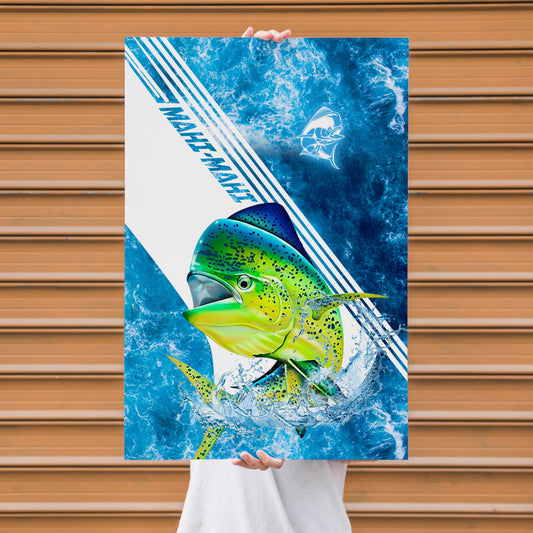 Maxcorners Mahi Mahi Fishing Blue Ocean Stripe Splash Design Personalized Name 3D Poster