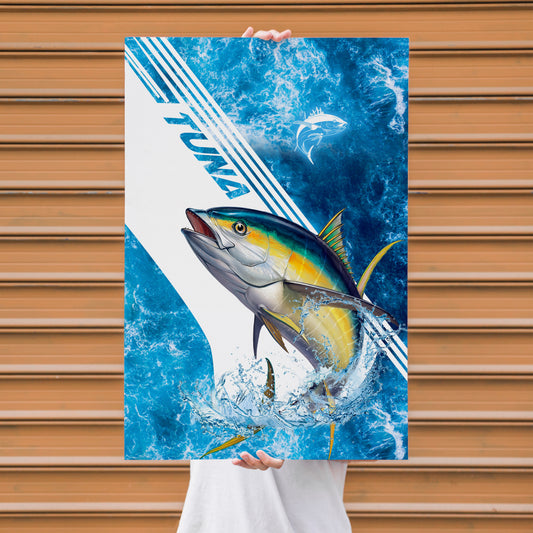 Maxcorners Tuna Fishing Blue Ocean Stripe Splash Design Personalized Name 3D Poster