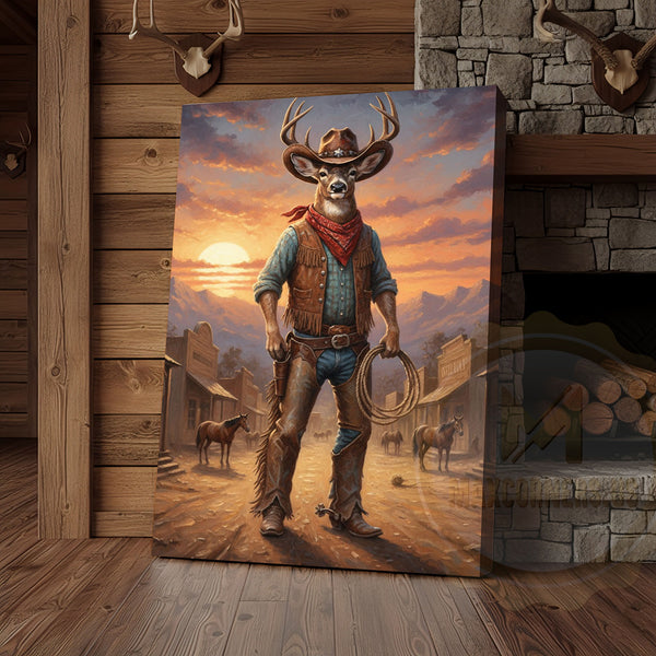 Maxcorners Cowboy Deer Standing in Sunset Western Town Wrapped Canvas