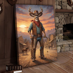Maxcorners Cowboy Deer Standing in Sunset Western Town Wrapped Canvas