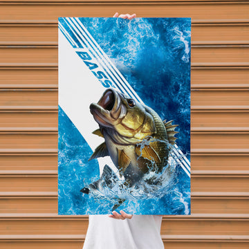 Maxcorners Largemouth Bass Fishing Blue Ocean Stripe Splash Design Personalized Name 3D Poster