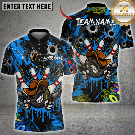 Maxcorners Graffiti Cowboy Bowling Jersey with Bullet Holes Multicolor Customized Name, Team Name 3D Shirts