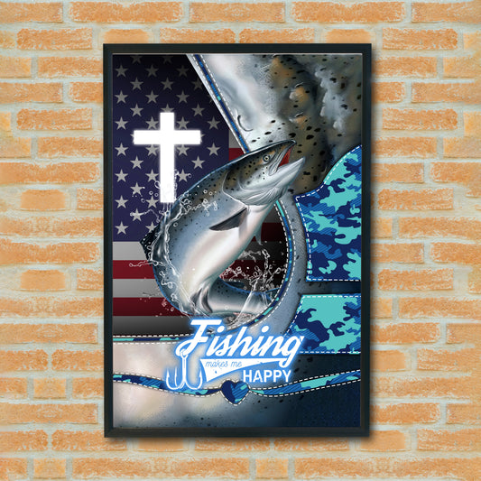 Maxcorners Salmon Fishing Faith Cross American Flag Design Personalized Name 3D Poster