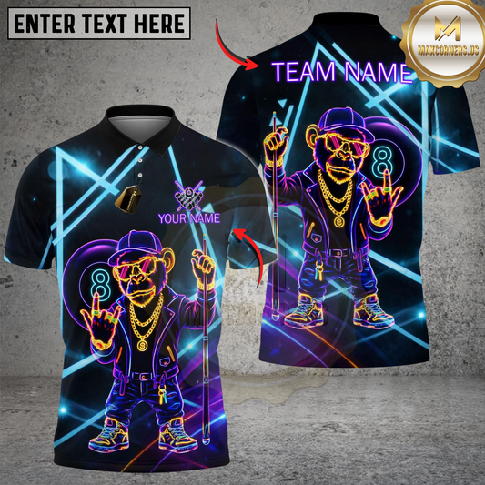 Maxcorners Billiards 8 Ball Neon Monkey Retro Glow Personalized Name Shirt (4 Colors)