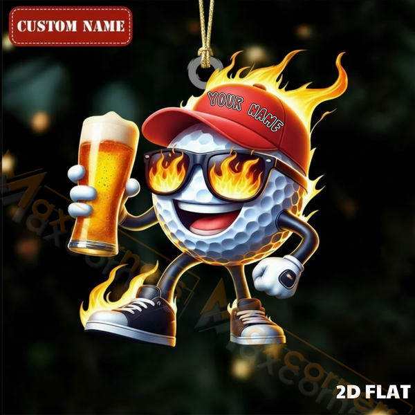 Maxcorners Fire Golf Ball Character Flaming Head Beer Mug Personalized Name Christmas Ornament 2D Flat
