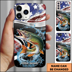 Maxcorners Pike Fishing American Flag Metallic Wave Water Splash Art Personalized Name Phone Case