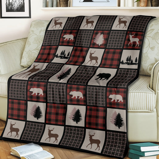 Maxcorners Rustic Hunting Cabin Fleece Blanket - Deer, Bear & Pine Tree - Cozy Gift for Hunters & Nature Lovers LM1611