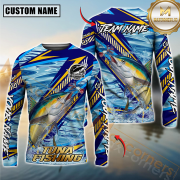 Maxcorners Tuna Fishing Yellow Blue Lightning Pattern Design Custom Name & Team Name 3D Shirts
