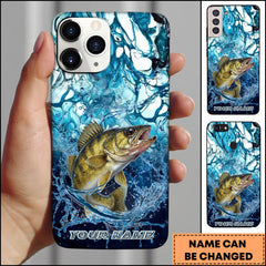 Maxcorners Walleye Fishing Phone Case Blue Water Splash Fish Art Personalized Name 3D Phone Case