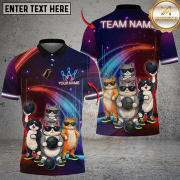 Maxcorners Bowling And Pins Cat Gang Customized Name, Team Name 3D Shirt (4 Colors)