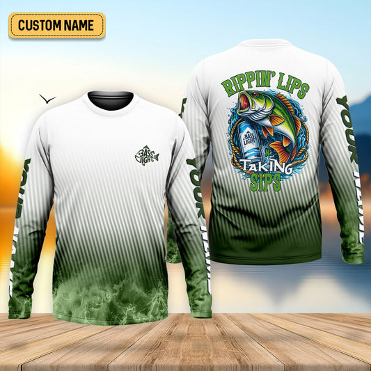 Maxcorners Rippin' Lips & Takin' Sips - Bass Fishing Shirt, Fishing UPF Shirts, Funny Fishing Shirt