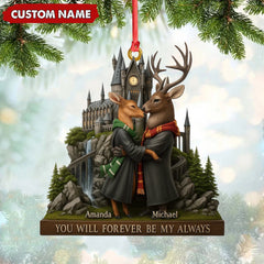 Maxcorners Personalized Wizard Castle Deer Couple Ornament, Custom Name Fantasy Lovers Christmas Gift, Magic School Romance Tree Decoration