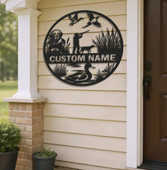 Maxcorners Personalized Metal Sign WITH LED/WITHOUT LED – Duck Hunting Scene with Dog and Hunter – Custom Rustic Wall Decor for Cabin and Lodge LM0110
