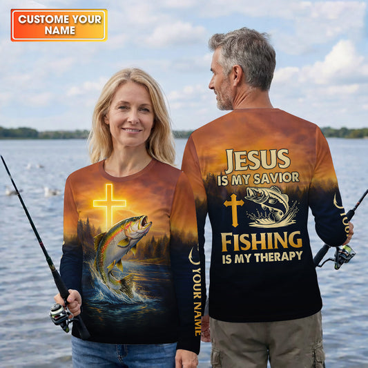 Maxcorners Jesus Is My Savior Fishing Is My Therapy Shirt, Custom Name Fishing Shirt, Fishing UPF Shirts, Funny Fishing Shirt