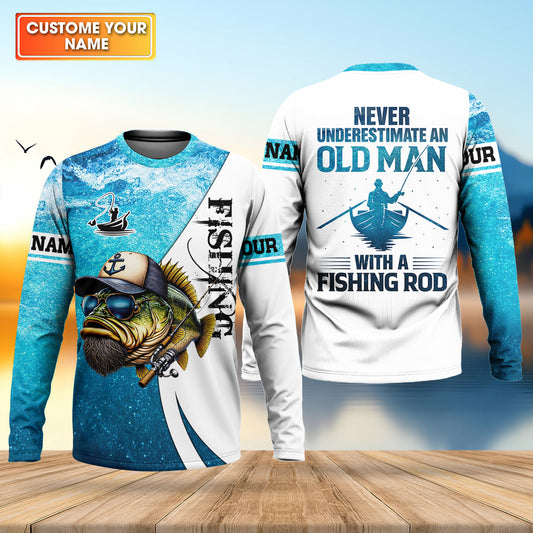 Maxcorners Personalized Old Man Fishing Shirt, Funny Fishing Rod Gift For Dad, Fishing UPF Shirts, Funny Fishing Shirt