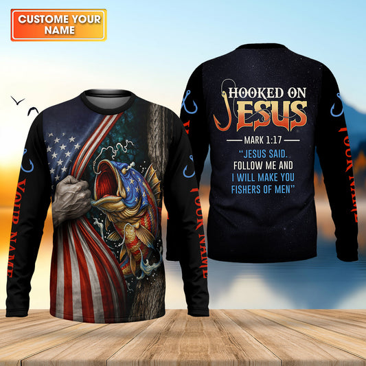 Maxcorners Hooked On Jesus Shirt, Personalized Christian Fishing Shirt, Mark 1:17 Fisher Of Men, Fishing UPF Shirts