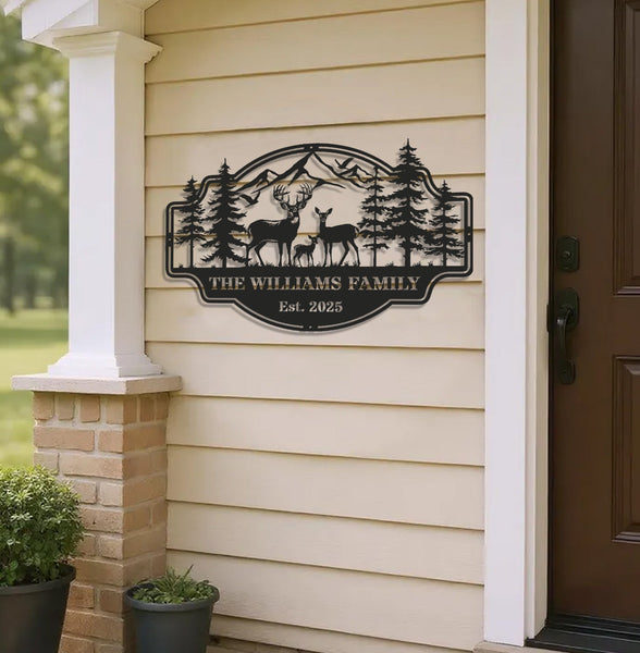 Maxcorners Personalized Deer Family Metal Sign WITH LED/WITHOUT LED - Rustic Cabin Wall Decor, Custom Name Hunting Lodge Sign LM0110