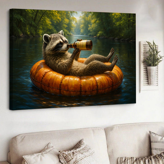 Maxcorners Funny Drunk Raccoon Canvas Wall Art – Chill Gift for Men, Husband, or Hunter, Rustic Cabin Decor