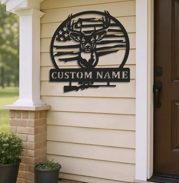 Maxcorners Personalized Deer Hunting Metal Sign WITH LED/WITHOUT LED, Rustic Buck Wall Art with American Flag, Cabin & Lodge Decor for Hunters LM0110