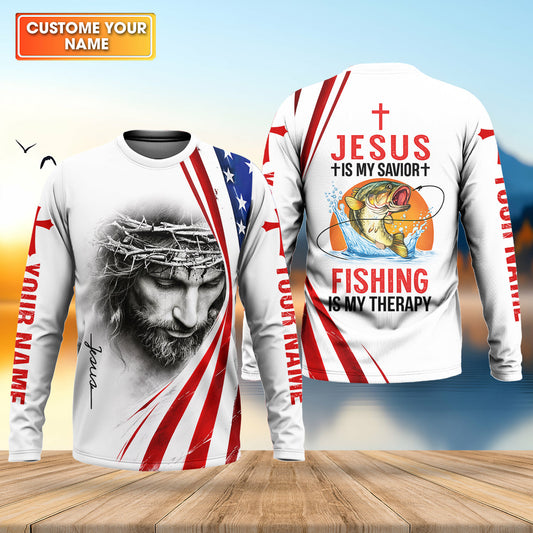 Maxcorners Jesus Is My Savior Fishing Is My Therapy Shirt, Personalized Christian Fishing Long Sleeve For Men