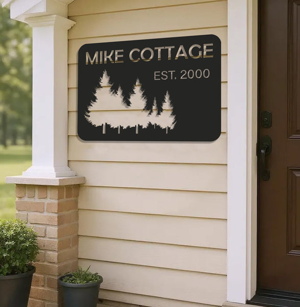 Maxcorners Personalized Forest Metal Sign WITH LED/WITHOUT LED - Rustic Cabin Name Sign With Pine Trees, Wall Art for Lodge & Home LM0110
