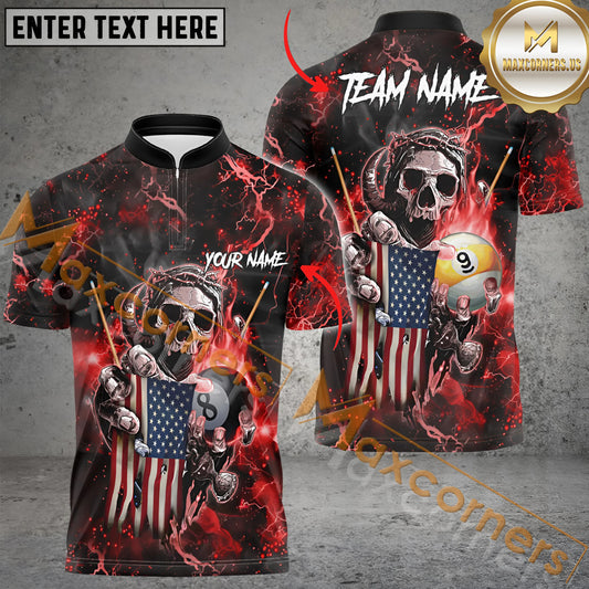 Maxcorners Ball 8 & Ball 9 Fire Skull US Flag  Jersey Multicolor Options Personalized Name, Team Name 3D Polo Shirt (4 Colors)