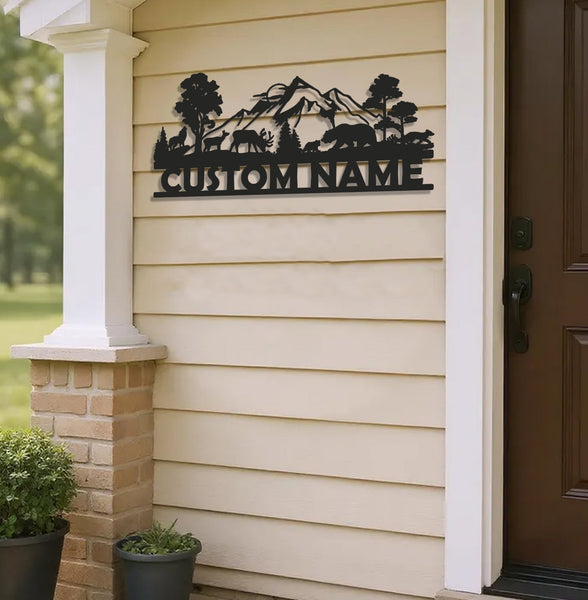 Maxcorners Personalized Wildlife Metal Sign WITH LED/WITHOUT LED - Rustic Cabin Name Sign with Deer & Bear, Mountain Lodge Outdoor Wall Art LM0110