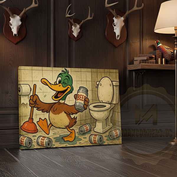 Maxcorners Duck Cartoon with Beer Cans in Bathroom Wrapped Canvas