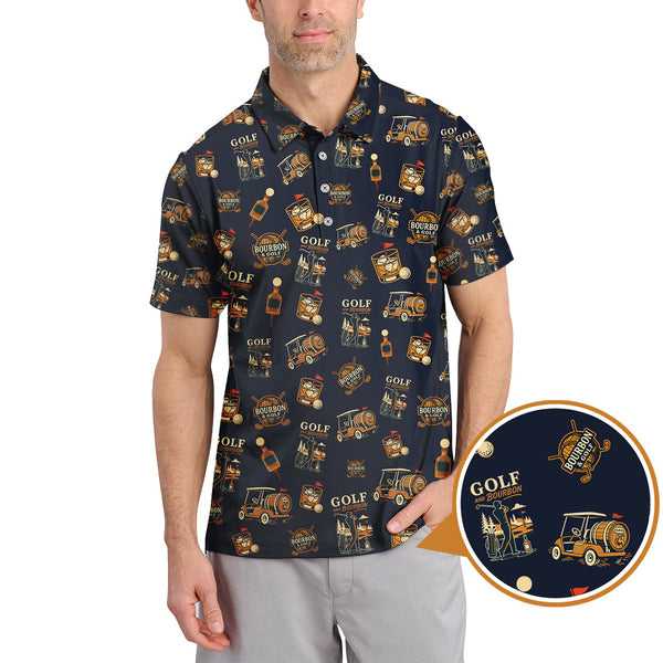 Maxcorners Funny Bourbon Pattern Polos, Golf and Bourbon Shirt for Men, Gift For Golfers