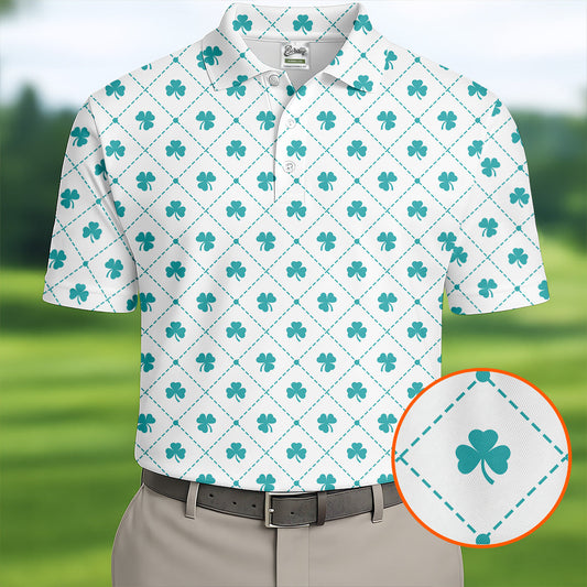 Maxcorners Grid Pattern Shamrock Golf Shirt, St Patrick's Day Golf Tops For Men, Golf Shirts For Men, Polo Shirts For Men