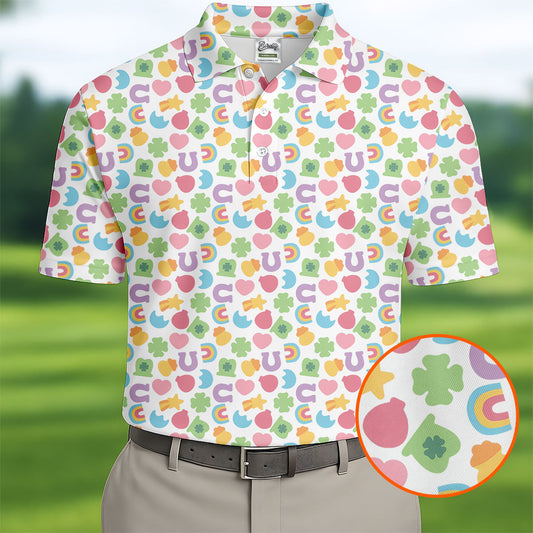 Maxcorners St Patrick's Day Lucky Charms White Golf Shirt, Cute Golf Outfit, Polo Shirts For Men, Golf Shirts For Men