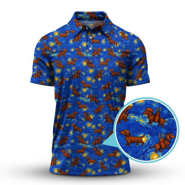 Maxcorners Pattern Golf Shirt For Golfer, Dachshund Golf Shirt, Starry Night Dachshund Golf Shirt For Men