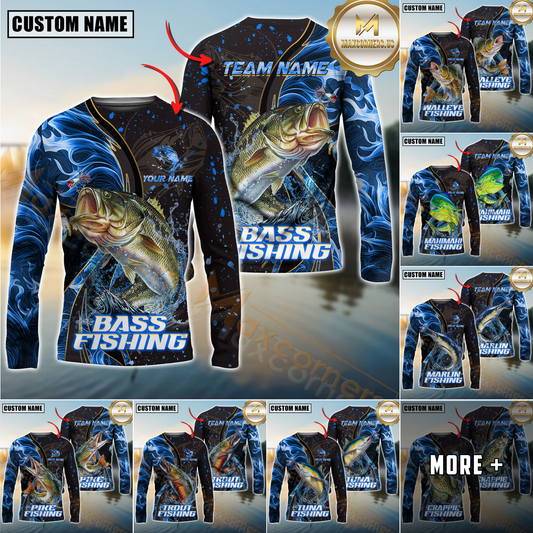 Maxcorners Mahi-Mahi Fishing Blue Flame Smoke Line Premium Style Sport Jersey Personalized Name, Team Name Long Sleeve Shirt (8 Fish Species)
