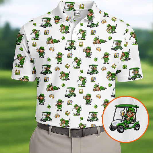 Maxcorners St Patrick's Day Leprechaun Golf And Beer Golf Pose Shamrock Golf Shirt, Golf Shirts For Men