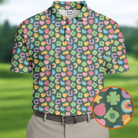 Maxcorners St Patrick's Day Lucky Charms Green Golf Shirt, Cute Golf Outfit, Polo Shirts For Men, Golf Shirts For Men
