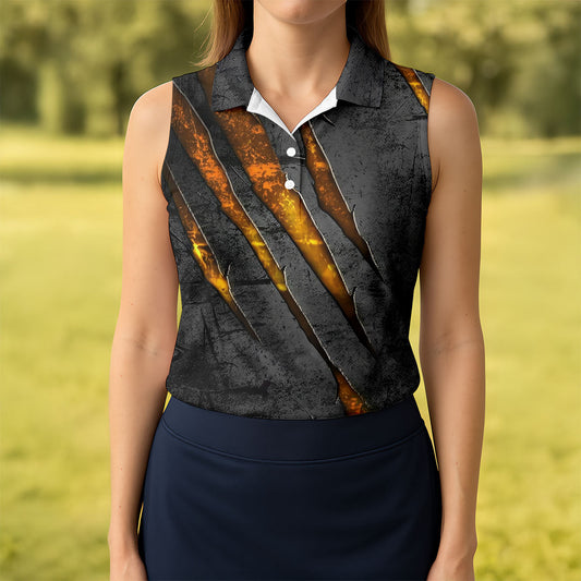 Maxcorners Yellow Claw Marks Hawaiian Golf Shirt, Scratch Print Women's Golf Tops, Ladies Golf Shirts LM1507